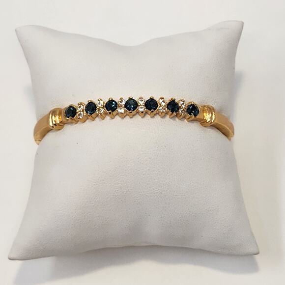 Fashion Jewelry Jewelry - Blue Clear Crystal Gold Tone Bangle Hinged Bracelet Costume Jewelry Workwear